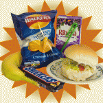 Crisps, drink, fruit, chocolate and a sandwich